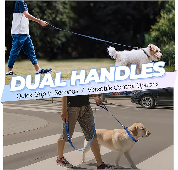 VIVAGLORY Twingrip Dog Leash, Double Handle Dog Leash for Training & Walking with Traffic Handle & 2 Loop, Traffic Control Reflective Heavy Duty for Puppy Pet, 5ft x 1/2in, Blue