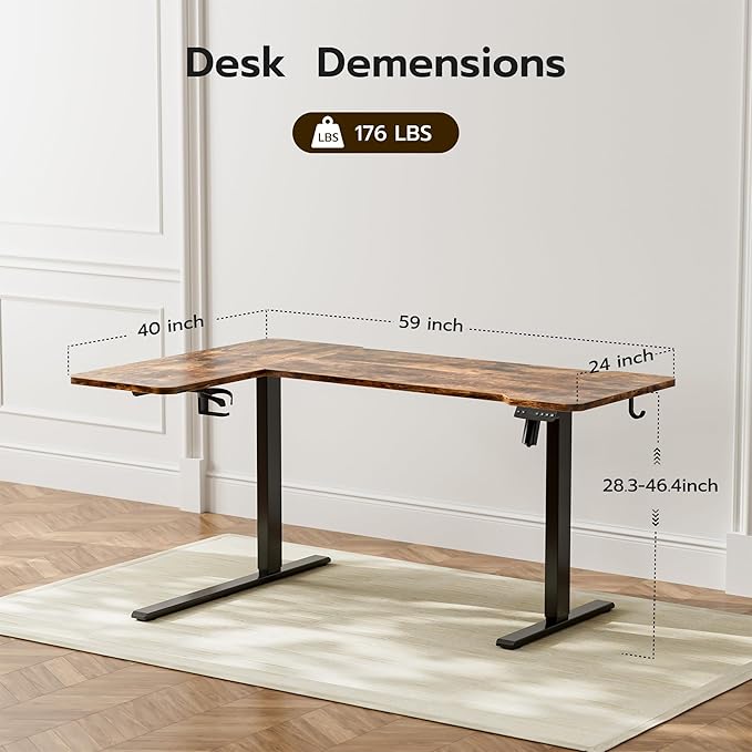 59 Inch L Shaped Standing Desk Adjustable Height, Electric Corner Standing Desk, Sit Stand Computer Table with Reversiable Splice Board, Rustic Brown