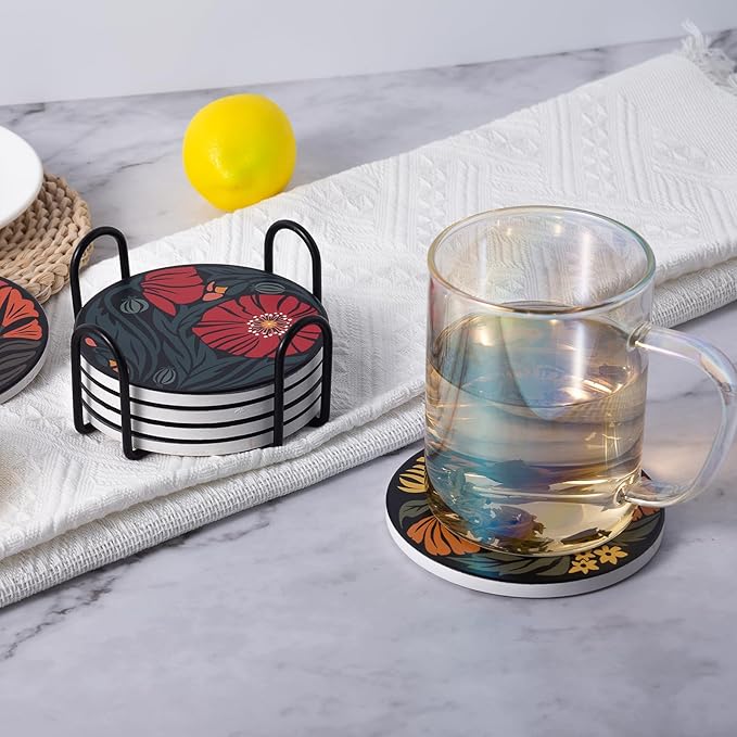 Coasters Absorbent Ceramic Coaster Drink Coasters with Cork Back Beautiful Artistic Flowers Set of 6 Round Coaster Non Slip for Coffee Table Wine Glass Home Bar 4 Inch, Colorful