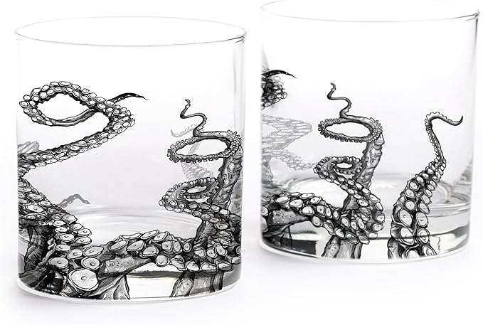 Black Lantern Octopus Tentacle Whiskey Glasses - Set of Two 11oz. Old Fashioned Glasses with Gift Box