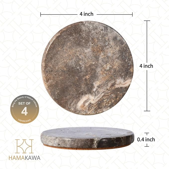 Natural Travertine Marble Coasters Set of 4, Round Gray Stone 4 Inch, Modern Drink Coasters for Home Decor, Coffee Table, Office