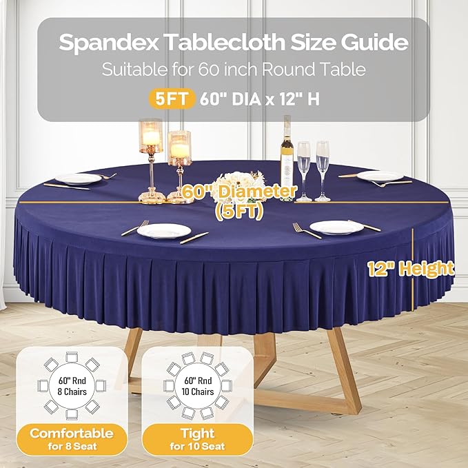1 Pack Navy Blue Spandex Round Tablecloths for 60 inch Table, Stretchy Fitted 5FT Round Table Cloth with Skirt for Wedding Party Dining Banquet