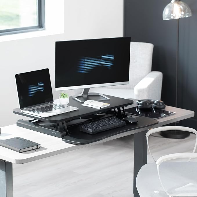 VIVO 28 inch Desk Converter, K Series, Height Adjustable Sit to Stand Riser, Dual Monitor and Laptop Workstation with Keyboard Tray, Black, DESK-V028KB