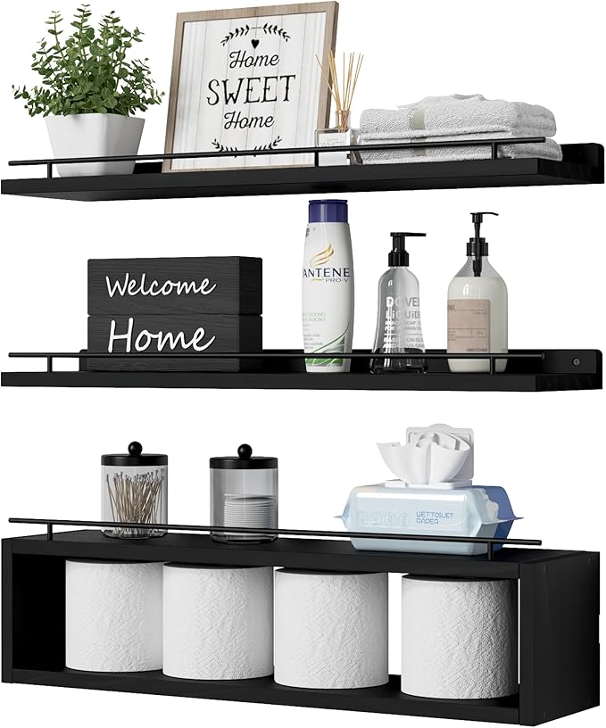 WOPITUES Floating Shelves for Wall 24 inch with Cube Shelf, Wall Shelves with Metal Rail for Decor, Bathroom Organizers and Storage, Over Toilet Shelves for Bathroom, Toilet Paper-Black