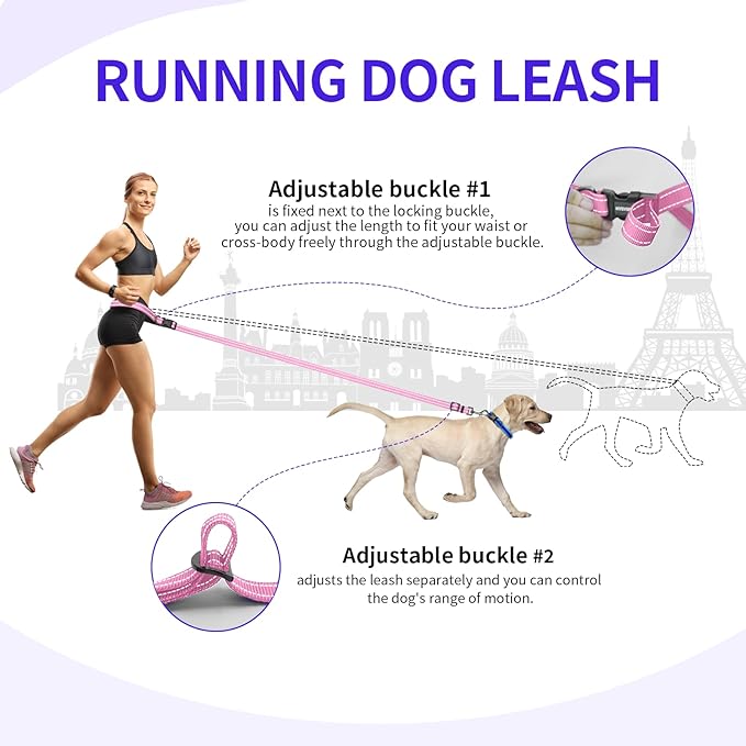 Kazazoo Hands-Free Dog Leash Adjustable Length 5-8 Ft, Waist for Dog Walking, Running for Small &Medium Dogs with Reflective Strips, Ballistic Nylon, Waist Belt, Lightweight Pink