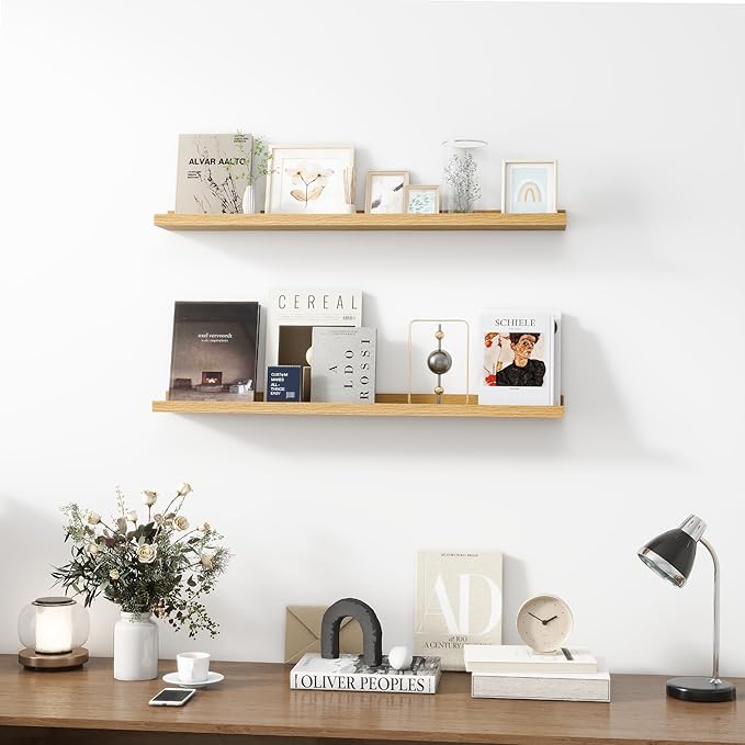 Picture Ledge Shelf, Wood Floating Shelves Set of 2, 36 inch Picture Ledge Shelves, Photo Ledge Nursery Book Shelves Wall Mounted for Living Room Kids' Room Bedroom, Color Oak