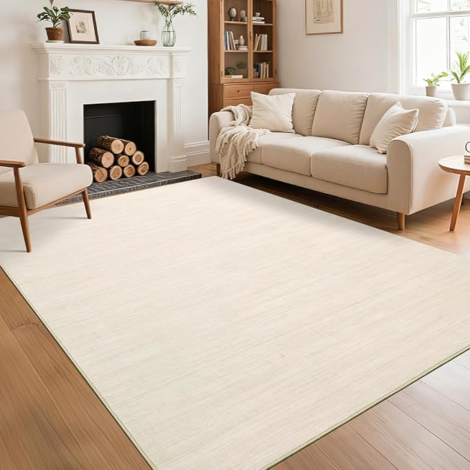 5x7 Washable Rugs Non Slip Minimalist Area Rug for Bedroom Soft Low Pile Solid Color Large Bedroom Throw Carpet Stain Resistant Classic Neutral Area Rug Plain Boho Rugs for Kitchen Nursery, Ivory