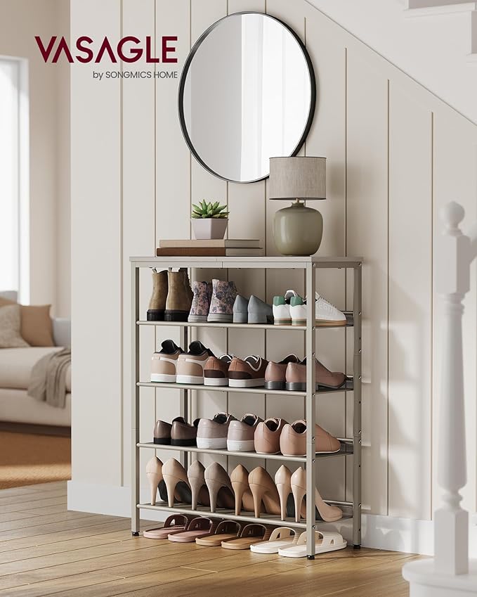 VASAGLE Shoe Rack for Entryway, 5-Tier Shoe Rack Organizer with Storage Shelves and Spacious Top, Freestanding, Adjustable, Industrial, Cappuccino Beige and Oatmeal Beige ULBS038L01