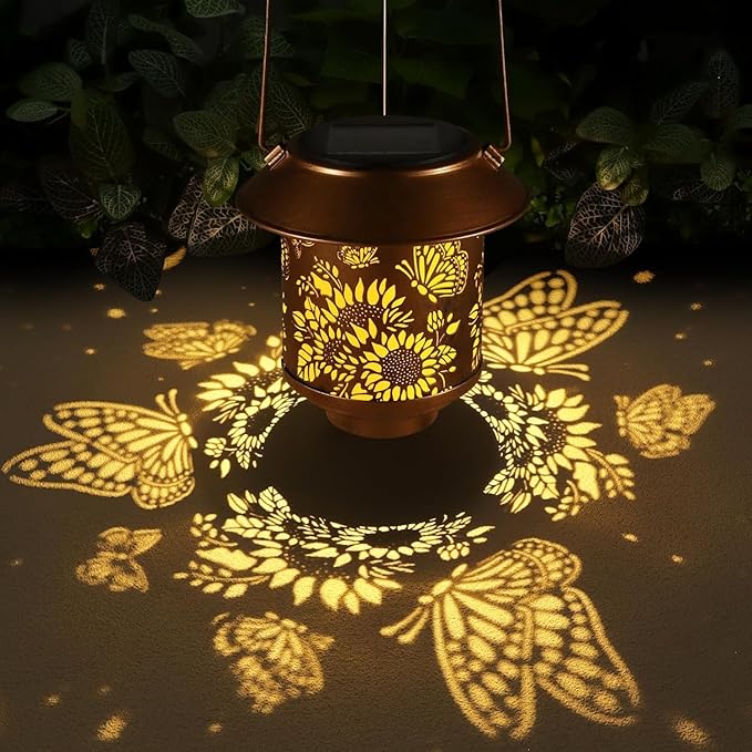 Solar Lantern Outdoor Hanging Sunflower Lights Gifts for Women Mom Metal Garden Decor Outside Waterproof LED Lanterns for Patio(Butterfly)