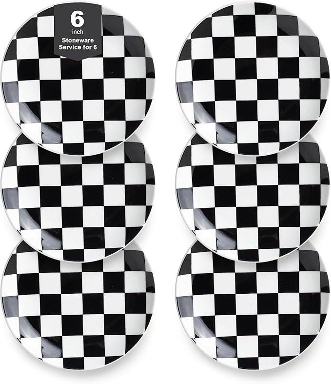 Black and White Checkered Small Dessert Plates Set of 6-6 Inch Ceramic Plates, Microwave & Dishwasher Safe, Minimalist Decorative Platters for Desserts