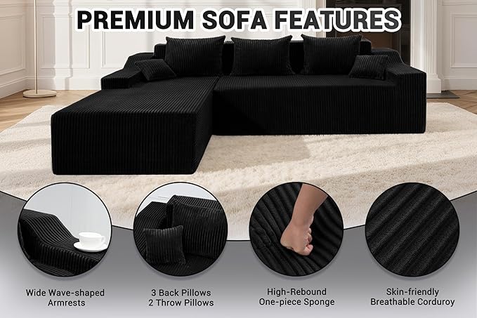 HABUTWAY 101'' Modular Sectional Sofa Cloud Couch with Deep Seat, Modern L-Shaped Convertible Couches Upholstered Couch with Chaise for Living Room Bedroom (Black, Left-Facing Chaise)