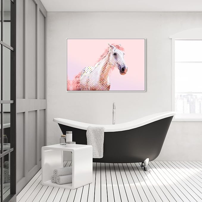 Country Farmhouse Canvas Print Painting Animal Wall Art 'Pink Glam Horse' White Framed Canvas Rustic Home Décor 45x30 in Pink, White by Oliver Gal