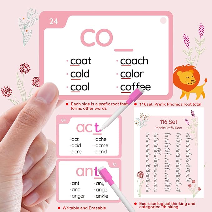 WJPC 116 Set Phonics Prefix Suffix Sigh Words Flash Cards for 7,8,9,10,11,12 Years 2nd, 3rd, 4th, 5th Grade Boys&Girls&Kids Learning Writing Reading