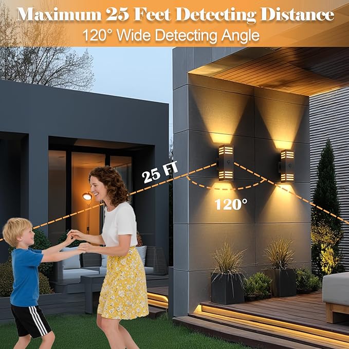 wowlite Motion Sensor Outdoor Lights 2 Pack, Dusk to Dawn Porch Light Outdoor Wall Sconce, 3 Lighting Modes Exterior Lighting Fixture Wall Mount Waterproof, Black Aluminum Outside Lights for House