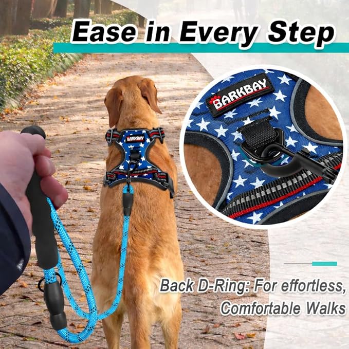 BARKBAY Dog Harness No Pull Mesh for Large Dogs - Adjustable, Reflective, Comfortable, No Choke, Heavy-Duty - Perfect for Outdoor Training, Walking, and Hiking - Strong & Durable - L & Blue Star Mesh