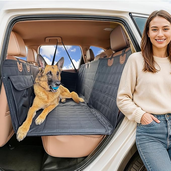 APetsPlanet Dog Car Seat Cover for Back Seat Hard Bottom - Waterproof Backseat Extender for Dogs - Pet Hammock for Car, Truck, SUV - Protector Bed with Mesh Window & Storage - Black, with Door Covers