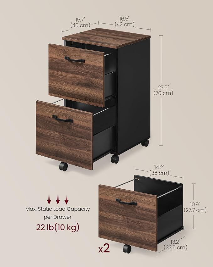 VASAGLE 2-Drawer File Cabinet, Small Rolling Filing Cabinet for Home Office, Printer Stand, for A4, Letter-Size Documents, 15.7 x 16.5 x 27.6 Inches, Natural Walnut and Ink Black UOFC040K01