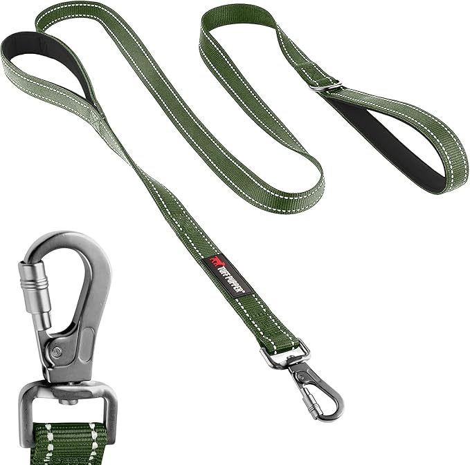Tuff Pupper Heavy Duty Double Handle Leash with Twist Lock Carabiner Clip | Safety Lock for Strong Dogs | Reflective for Night Walks | 6ft for Medium & Large Dogs