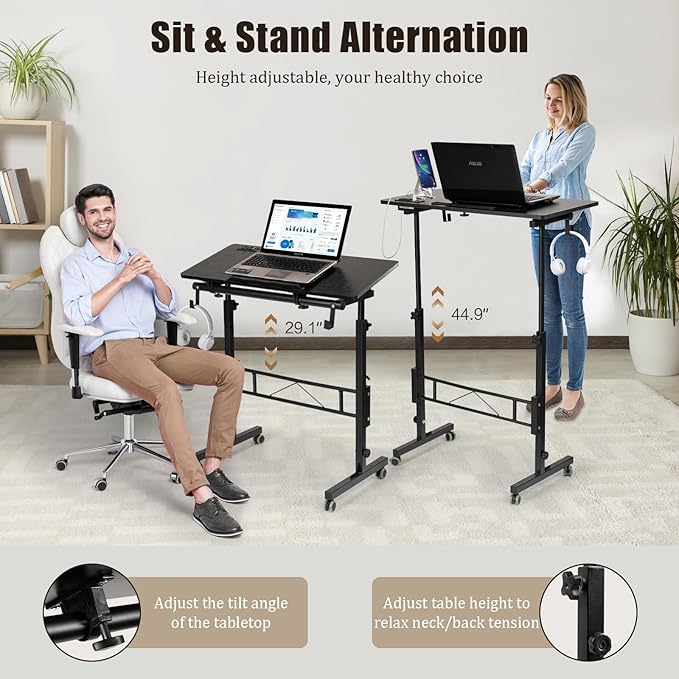 SIDUCAL Standing Desk Height Adjustable with Tiltable Tabletop, Rolling Laptop Desk with Charging Station, Sit Stand Portable Stand Up Desk with Wheels, Black