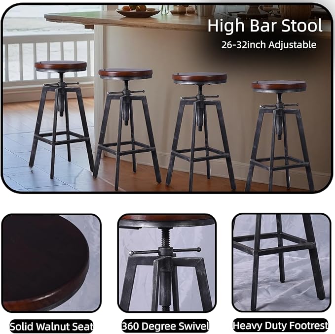 Set of 2 Industrial Bar Stools 25.6-30.5inch Counter Bar Height Adjustable Swivel Wooden Seat Kitchen Dining Chairs