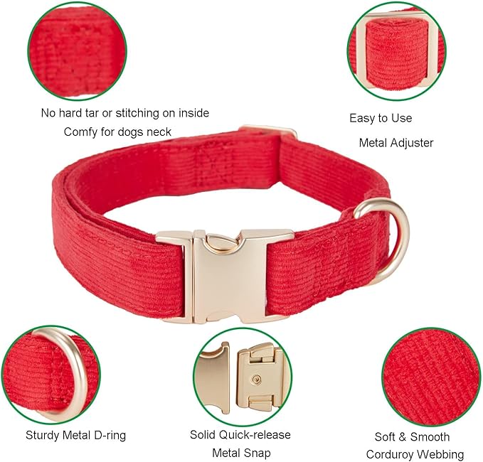 Soft Corduroy Fibric Dog Collar with High Grade Metal Buckle, for Large Dogs.(Red,Large:17-26")