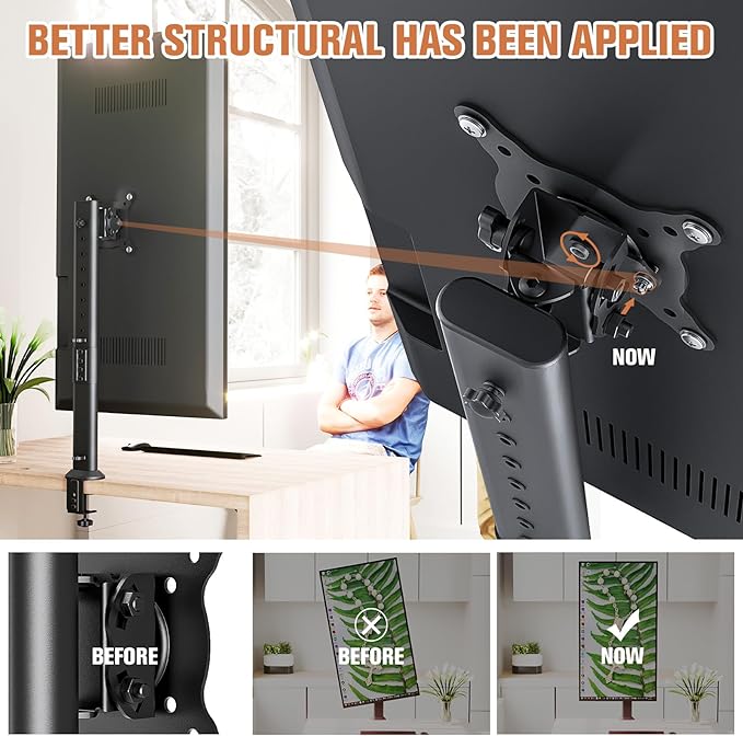 HEMUDU Single Tall Desk Monitor Arm Mount Stand Fit for 27 inch to 42 inch Flat Curved Computer Screen with Swivel, Height Adjustable, Rotation,Holds up to 77lbs, Black
