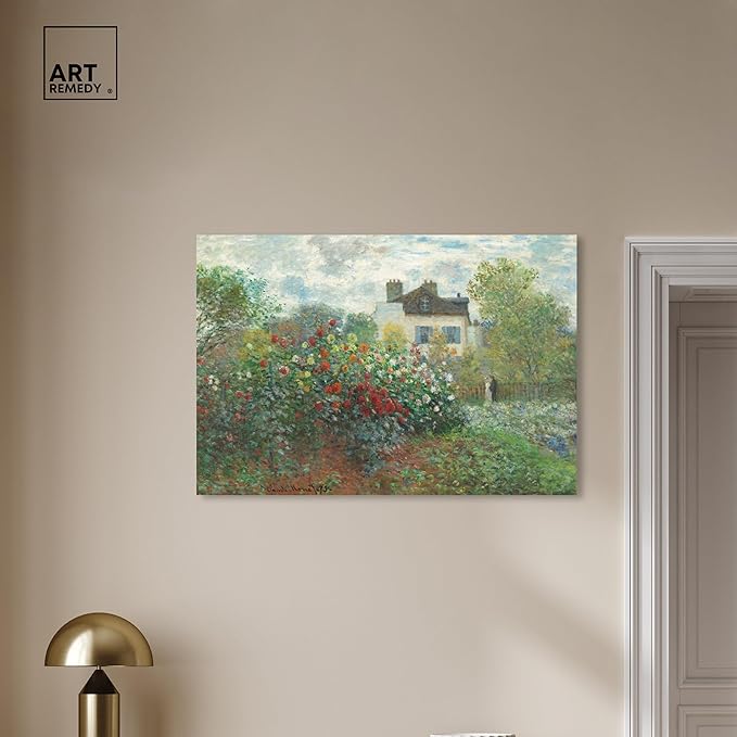 Art Remedy Monet-Garden With Dahlias Impressionism Classic Landscape Paintings Canvas Wall Art, Gallery Wrapped, 36"x54"