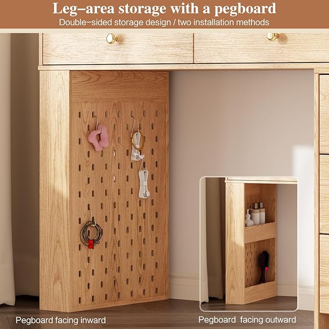 Large Makeup Vanity Desk with Mirror and Lights, Vanity Desk with 8 Drawers & Storage Shelves, Vanity Table with Power Outlet, 3 Color Modes & Adjustable Brightness Dressing Table, Bedroom,Oak