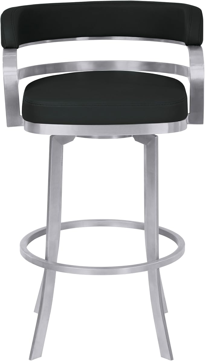 Armen Living Prinz 30" Bar Height Swivel Barstool in Black Faux Leather and Brushed Stainless Steel Finish