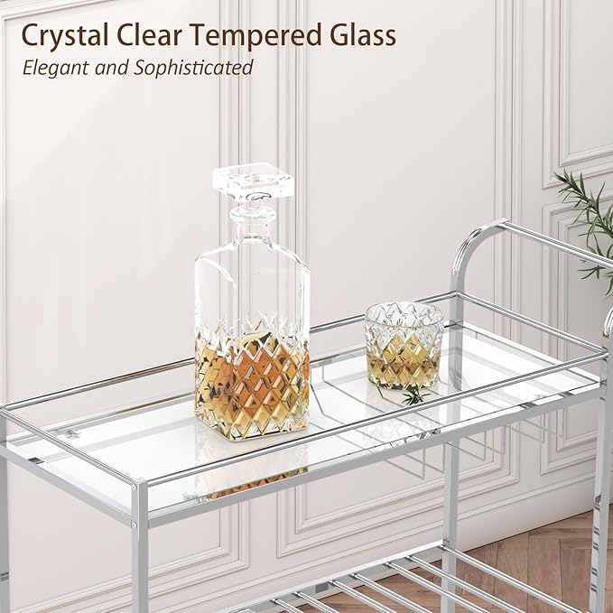 Bar Cart Silver, Home Bar Serving Cart, Modern Bar Cart with 3-Tier, Mobile Kitchen Shelf with Wine Rack and Glass Holder, Bar Carts for The Home, Dining Room, Living Room