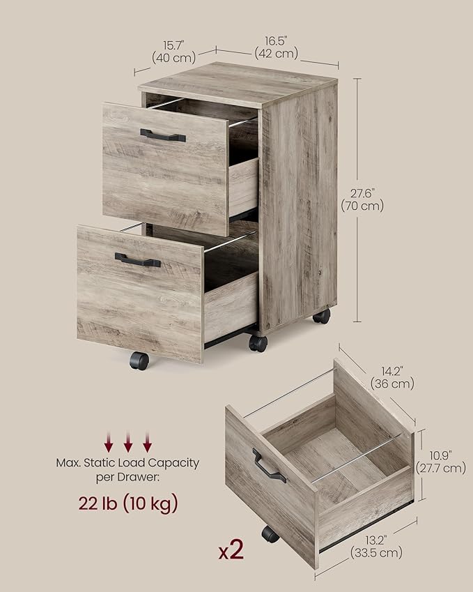VASAGLE 2-Drawer File Cabinet, Small Rolling Filing Cabinet for Home Office, Printer Stand, for A4, Letter-Size Documents, 15.7 x 16.5 x 27.6 Inches, Heather Greige UOFC040LK02S