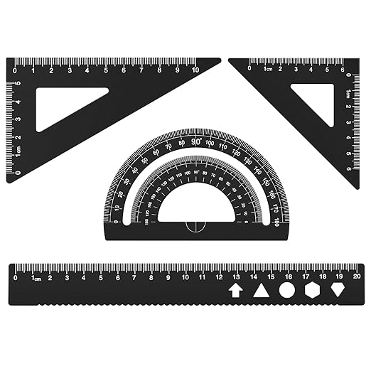 MSDADA Triangle Ruler, Protractor, Square and Ruler Set, 4 Pieces Aluminum Alloy Ruler, Metal Drafting Ruler Kit, Geometric Protractor for Student, School, Home, Office (Black, 20cm/7.87inch)