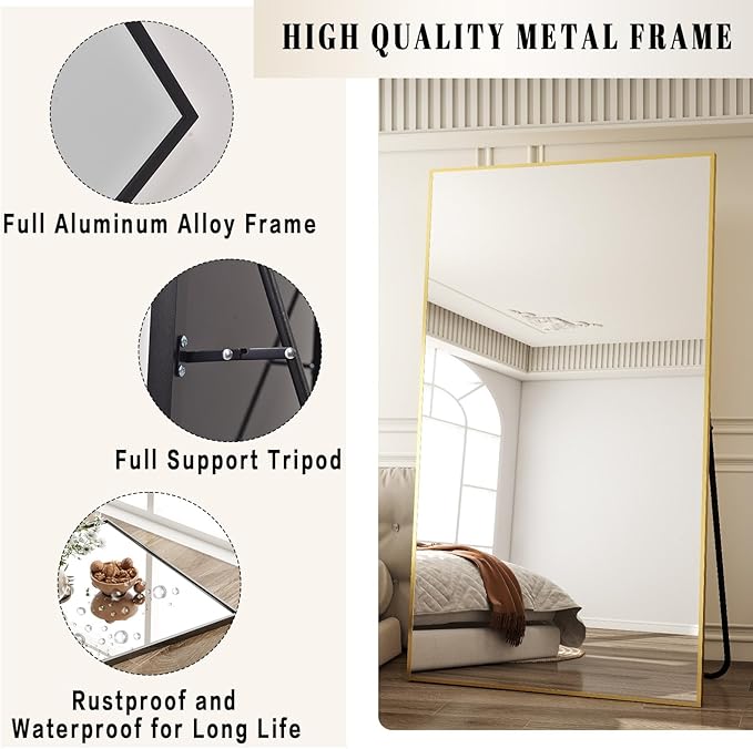 BEAUTYPEAK 76"x34" Rectangle Full Body Floor Mirrors, Full Length Mirror Hanging or Leaning, Aluminum Alloy Frame Wall Mirror for Bedroom, Dressing Room, Gold