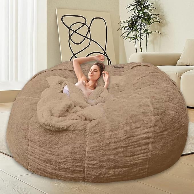 Bean Bag Chair for Adults Kids Without Filler Comfy Giant Round Lazy Sofa Chair Cover Floor Chair Cover for Bedroom Living Room, 7FT, Khaki