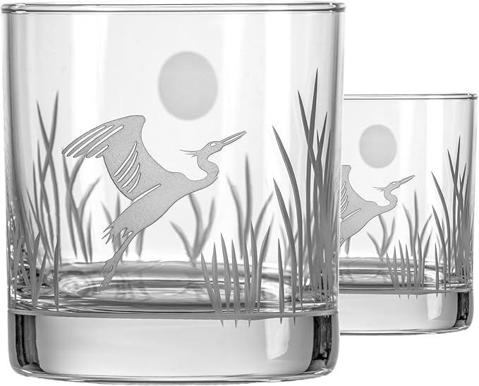 Rolf Glass Heron On the Rocks Glass | Set of 2 Etched 11oz Whiskey Glasses | Made in America | Coastal Bird Design | Diamond-Wheel Engraved and Sand Etched