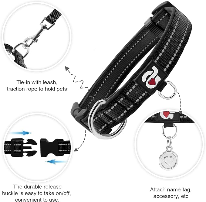 azuza Reflective Dog Collar with Airtag Holder, Soft Neoprene Padded Pet Collar with ID Tag Ring, Adjustable for Small Dogs,Black,S