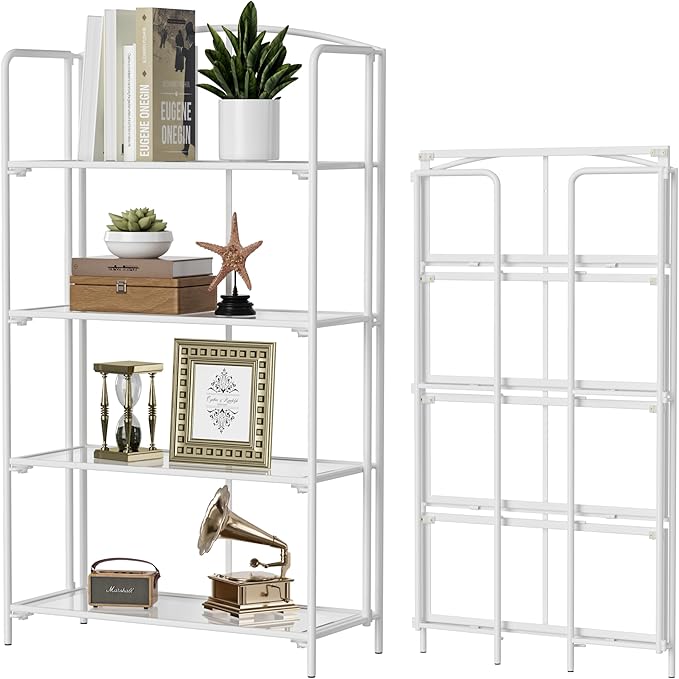 Crofy No Assembly Folding Bookshelf for Living Room, 4 Tier White Collapsible Book Shelf for Home Office, Portable Bookcase Storage Organizer