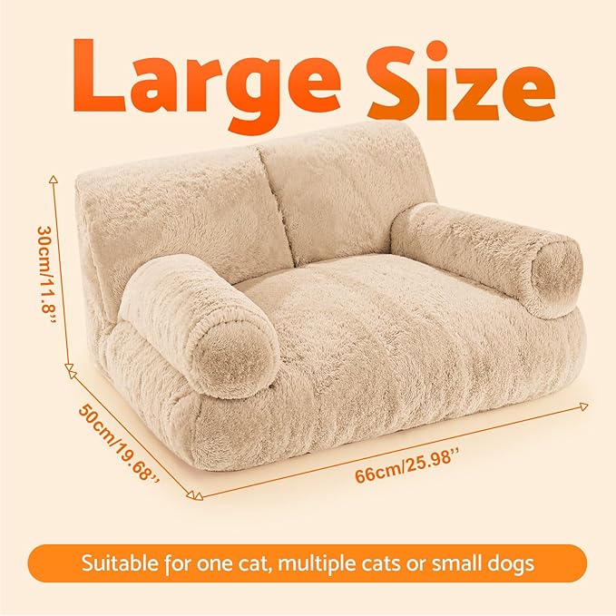 Gimars Upgrade Large Cat Bed for Indoor Cats -Added 10% More Stuff Sponge, Orthopedic Pet Couch Beds with Bolstered Edges, Fluffy Washable & Removable Cover, Anti Slip Base,Teak Milk Color