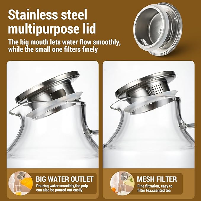 2 Pack 1 Gallon thickened Glass Pitcher with Lid and Spout, Borosilicate Glass Carafe for Hot/Cold Drink, Water Pitchers for Fridge, Extra Large Jug with Handle for Iced Tea, Coffee,Juice, Beverage