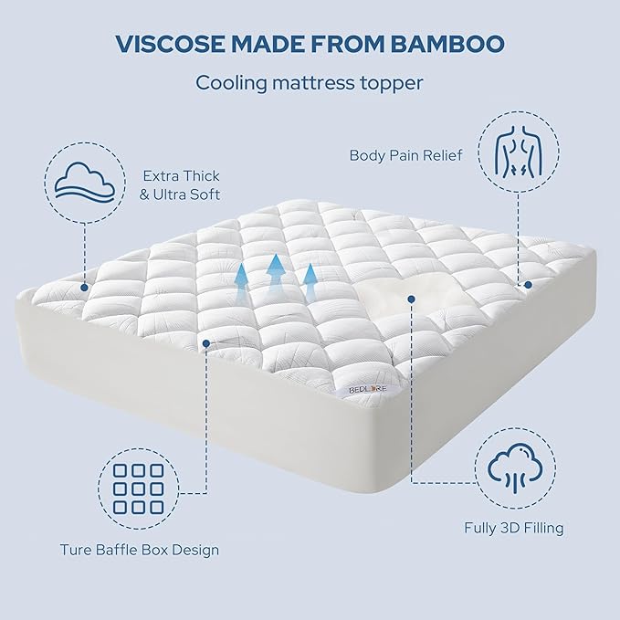 BEDLORE Full Mattress Topper, Viscose Made from Bamboo Soft Pillow Top Mattress Pad, Thick Mattress Cover for Back Pain Relief with 6-15 inches Deep Pocket