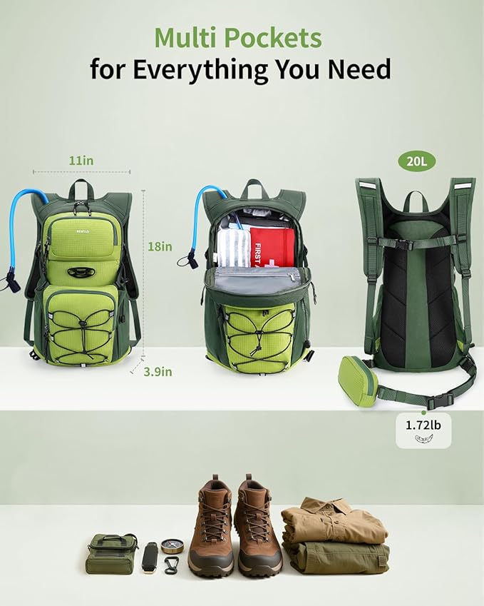 ECOHUB Hydration Backpack for Men Women, 20L Lightweight Hiking Daypack Cycling Backpack with 2L Water Bladder, Insulated Hydration Pack with Waist Pack