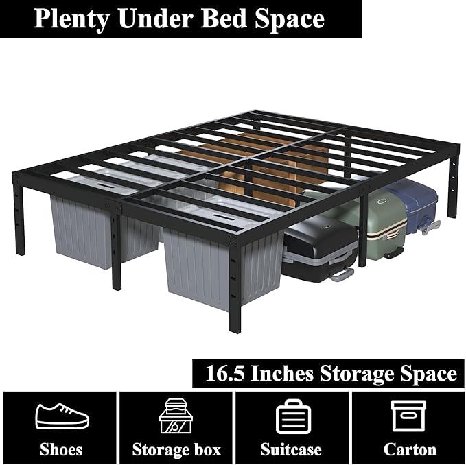 18 Inch California King Bed Frames No Box Spring Need, Platform Cal King Bed Frame with High Storage, Eassy Assembly 3,500 Lbs Heavy Duty Bedframes, Black