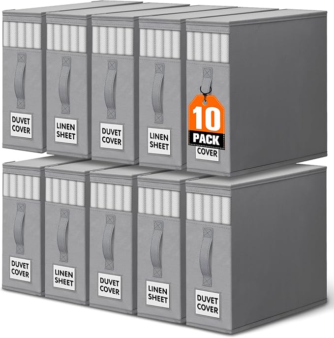 WOWBOX Sheet Organizers and Storage,Closet Bed Sheet Organizer Under Bed Storage and Organization with Label Cards & Clear Window for Bedding Sheets,Duvet Covers,Blankets (10 Pack，Gray)