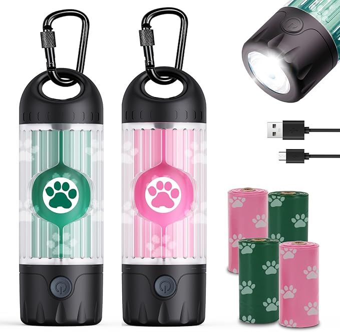 2-Pack Dog Poop Bag Holder with Flashlight 7-Color, USB-C Rechargeable doggie bag holder for leash, IPX6 Waterproof Anti-Slip Clip Pet Waste Bag Dispenser for Walking (60 Bags Included)
