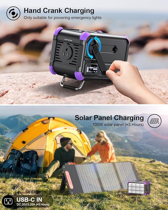 BROWEY Portable Power Station 153Wh Small Solar Generator with Hand Crank 120V 150W AC Outlet Lithium Battery Power Bank, Wireless Charging Emergency Charger for Outdoor Camping Travel Home Backup