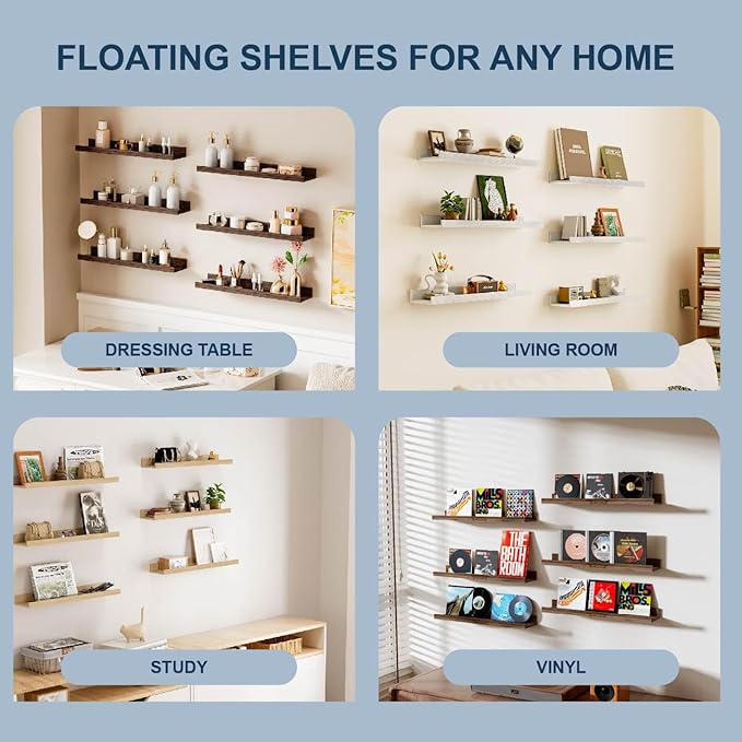 Wall Shelves for Living Room, Nursery Book Shelves Smoke Gray Bathroom Shelves Over Toilet Floating Shelves for Wall, Modern Wood Storage for Bedroom, Kid's Room, Kitchen, 24inch, Set of 6