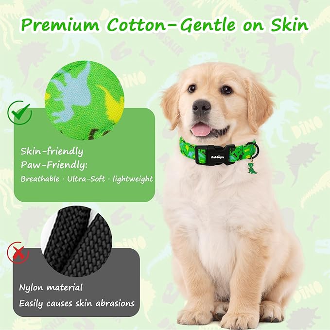 Dinosaur Dog Collar竊똆reen with Multicolor Dino Pattern Handmade Cotton Collar for Small Medium Large Dogs, Adjustable & Comfortable Puppy Collar for Daily Walks, Park Adventures or Photos-XS