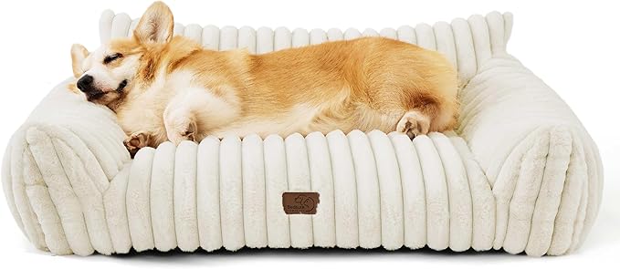 Bedsure Cute Dog Couch for Medium Dogs- Fluffy Pet Sofa, Dog Couch Bed with Removable, Washable Cover, Supportive Pet Bed for Medium Large Dogs, 36inch, Cream
