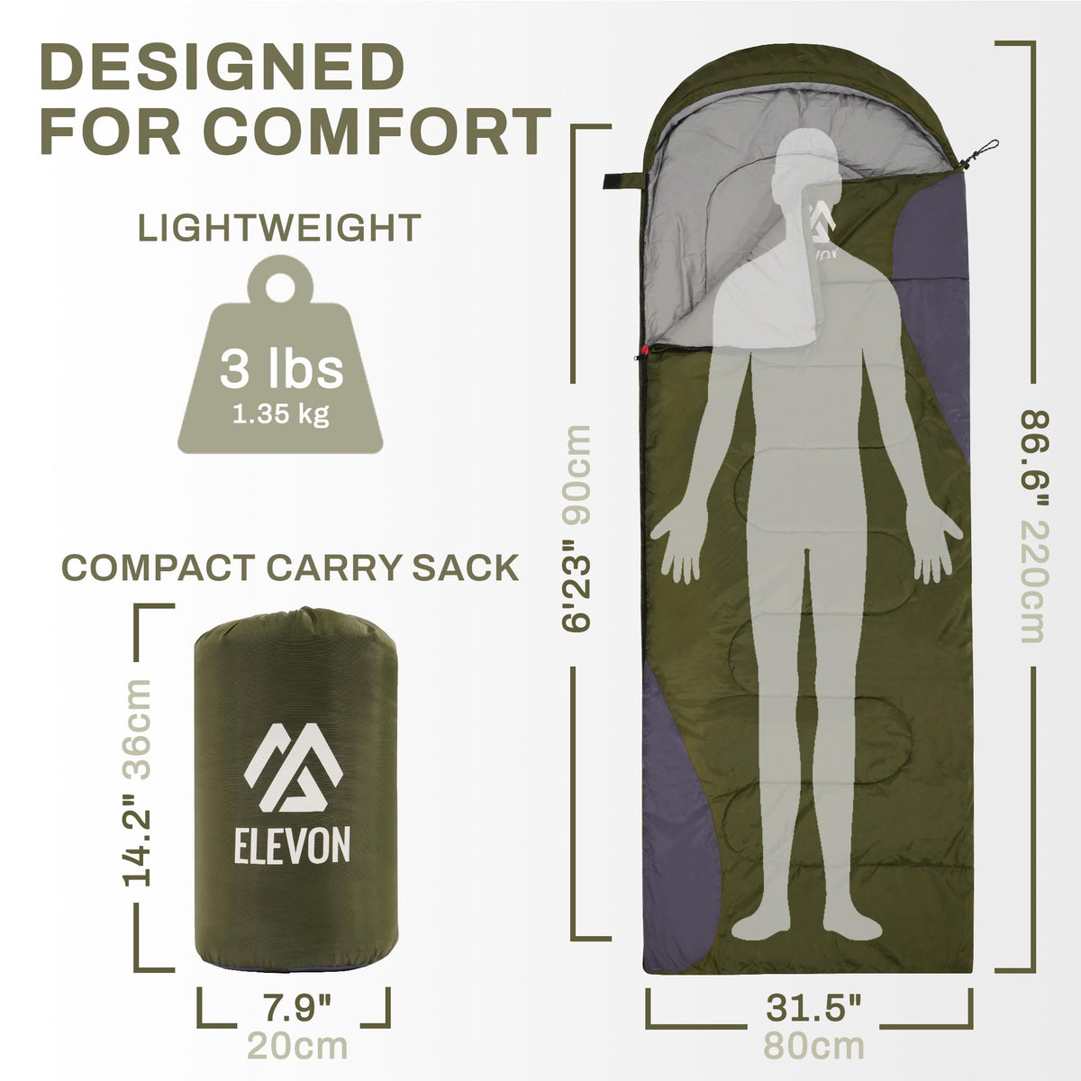 Elevon Sleeping Bag for Adults Teens Kids Cold Warm Weather, Portable Waterproof & Lightweight, Compact with Compression Sack, for 3-4 Seasons Camping, Backpacking, Hiking, Travel, Indoors Outdoors