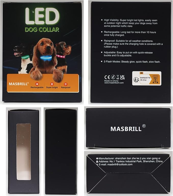 MASBRILL Light Up Dog Collars - LED Dog Collar Rechargeable Lighted Dog Collars Resistant-Water Night Walking Glow in The Dark Collars